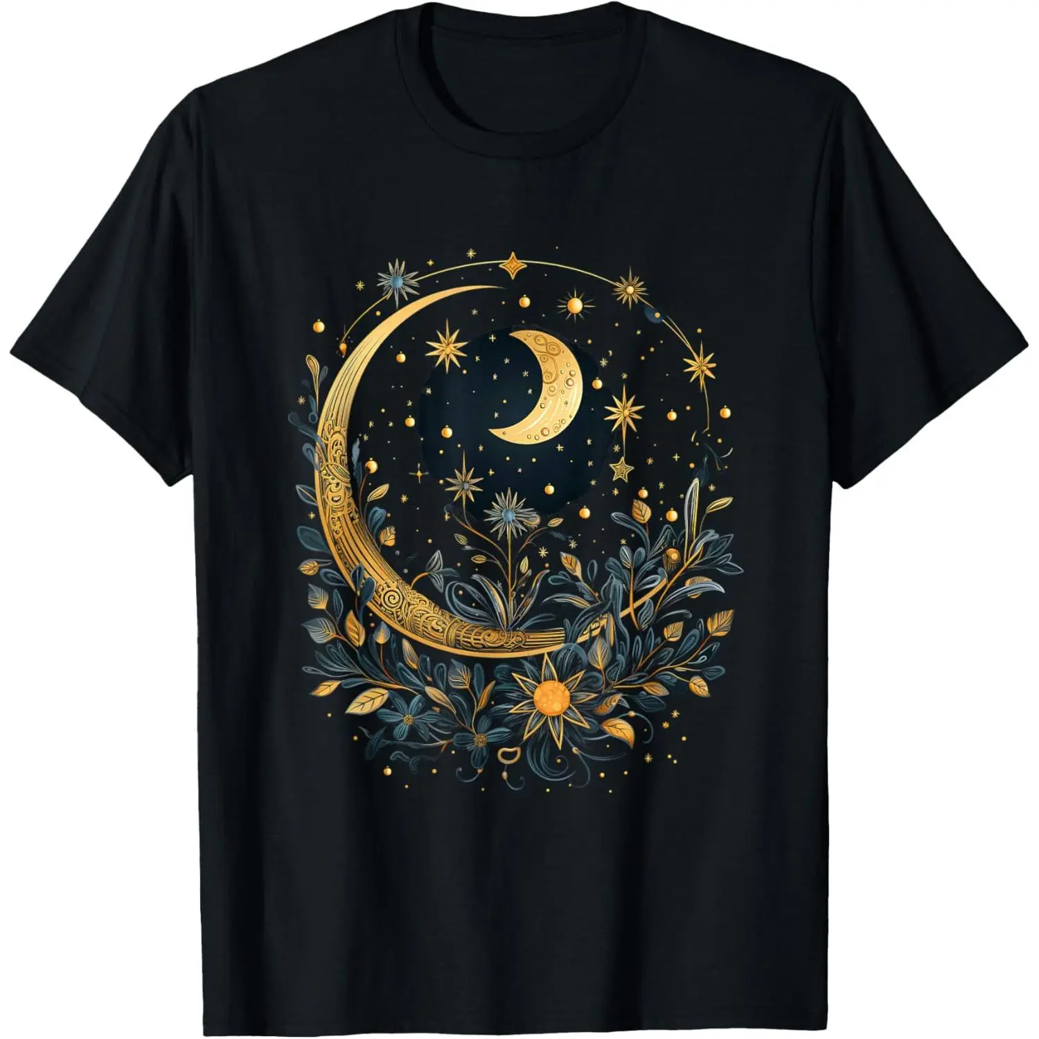 Men's Aesthetic Graphic T-Shirt with Mystic Sun & Floral Motif - Casual Short-Sleeve Fashion Top in 100% Cotton Fabric, Shortsleeve, Sports