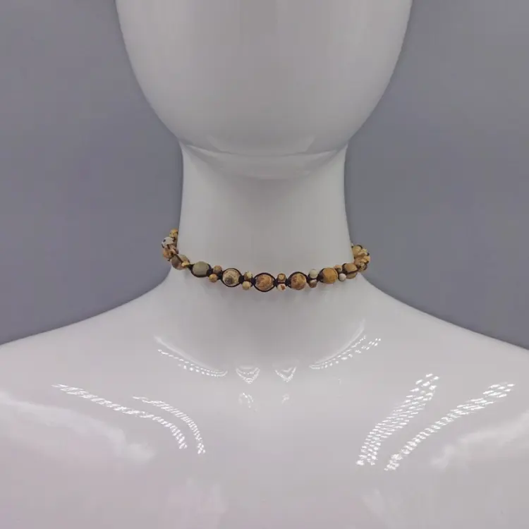 One of a Kind Semi-precious Stone Picture Jasper Hand Beaded Braided Shamballa Choker Style Fashion Necklace.