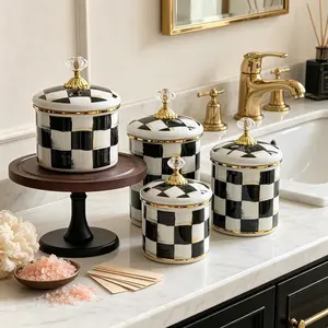 Ceramic Storage Jar with Crystal Lid, Vintage Checkered Design, Handmade Kettle for Modern Home Decor, Soccer Theme Aesthetic