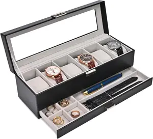 Watch Box Organizer for Men, 6 Slot Watch Display Case with Drawer, Father's Day Gift