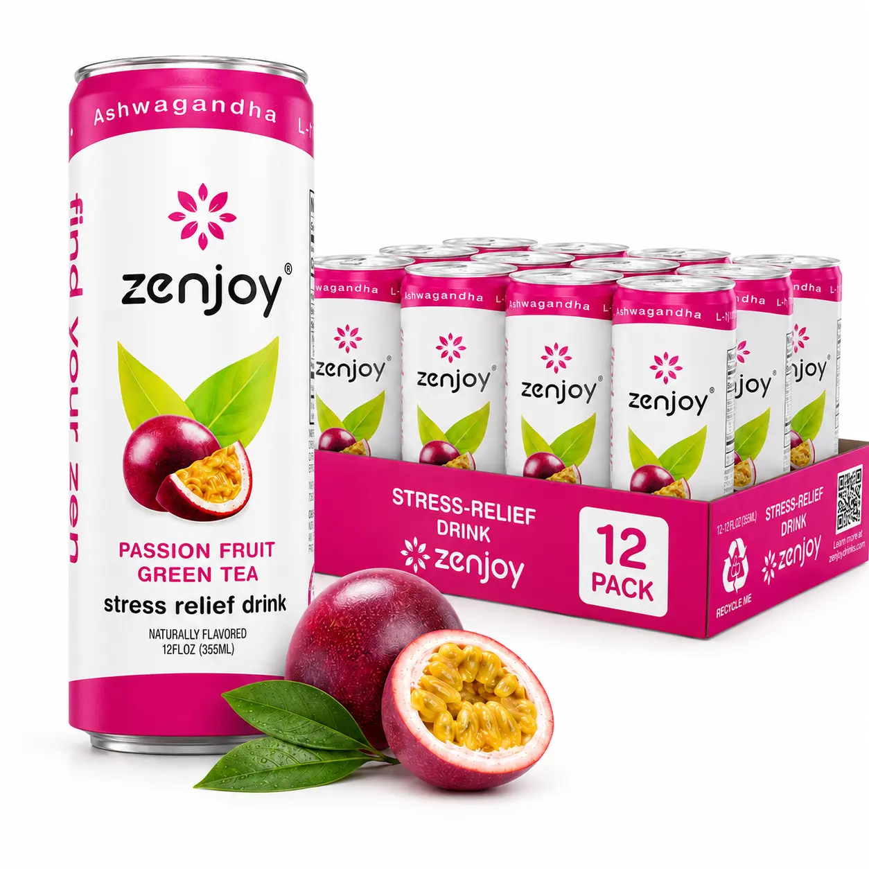Zenjoy Stress Relief Drink, Calming Passion Fruit Green Tea, Non Alcoholic, Ashwagandha & Lemon Balm for Stress Relief, L - Theanine for Focus (12pk)
