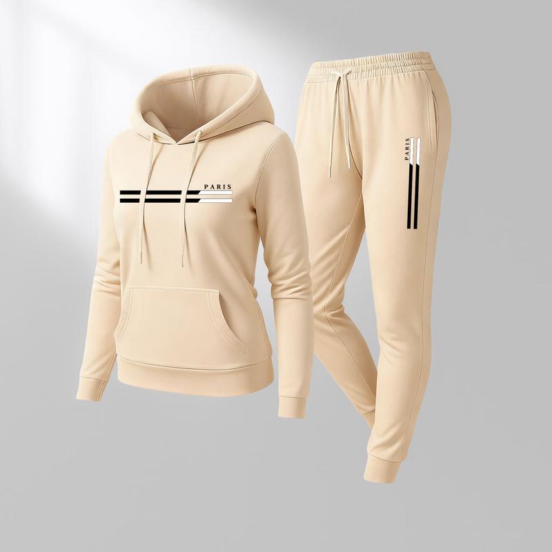 Women's PARIS Print Hoodie And Drawstring Track Pants Set, Casual Sportswear, Long-Sleeved Hooded Jacket And Pants, Suitable For Autumn And Winter, Everyday Wear, Indoor And Outdoor Sportswear, Casual Sportswear.