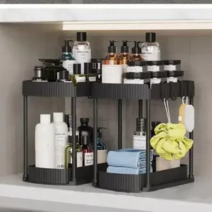 Large Under-Sink 2-Tier Shelf with 4 Hooks, Pull-Out Design, Ideal for Storing Cosmetics, Kitchen Spices, Storage Boxes, Bathroom Organizer Supplies