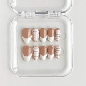 Sugar Granules|10 PCS Short Almond Pure Handmade Press On Nails, Nude Brown White Texture Light Mature Press On Nails, High Glossy Surface Base, White Texture Decoration, Three-Dimensional Particle Details, Commuting Press On Nail Set