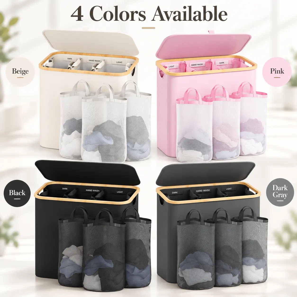 Laundry Hamper with Lid, 3 Section Bamboo Laundry Sorter Basket with Removable Washable Liner Bags, 160L Large Foldable Dirty Clothes Hamper, 3-Bag Sorting Laundry Basket with Handles for Laundry Room Organization, Dorm, Apartment, Travel