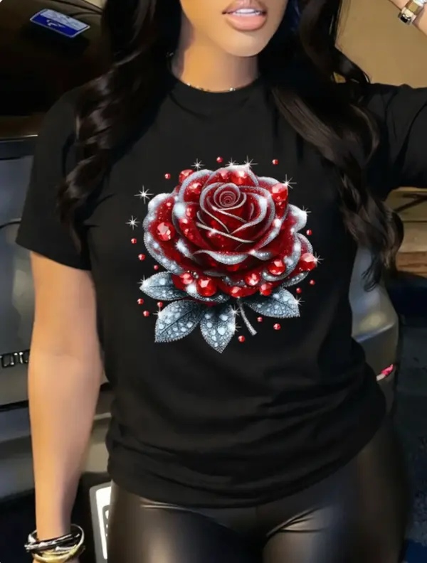 Glam Stunning Sparkly Rose Tee Night Party Hang Casual Girlfriend Shopping Summer Cotton Short Sleeve Gem‑Effect Red Rose Heat Transfer Print Tshirt