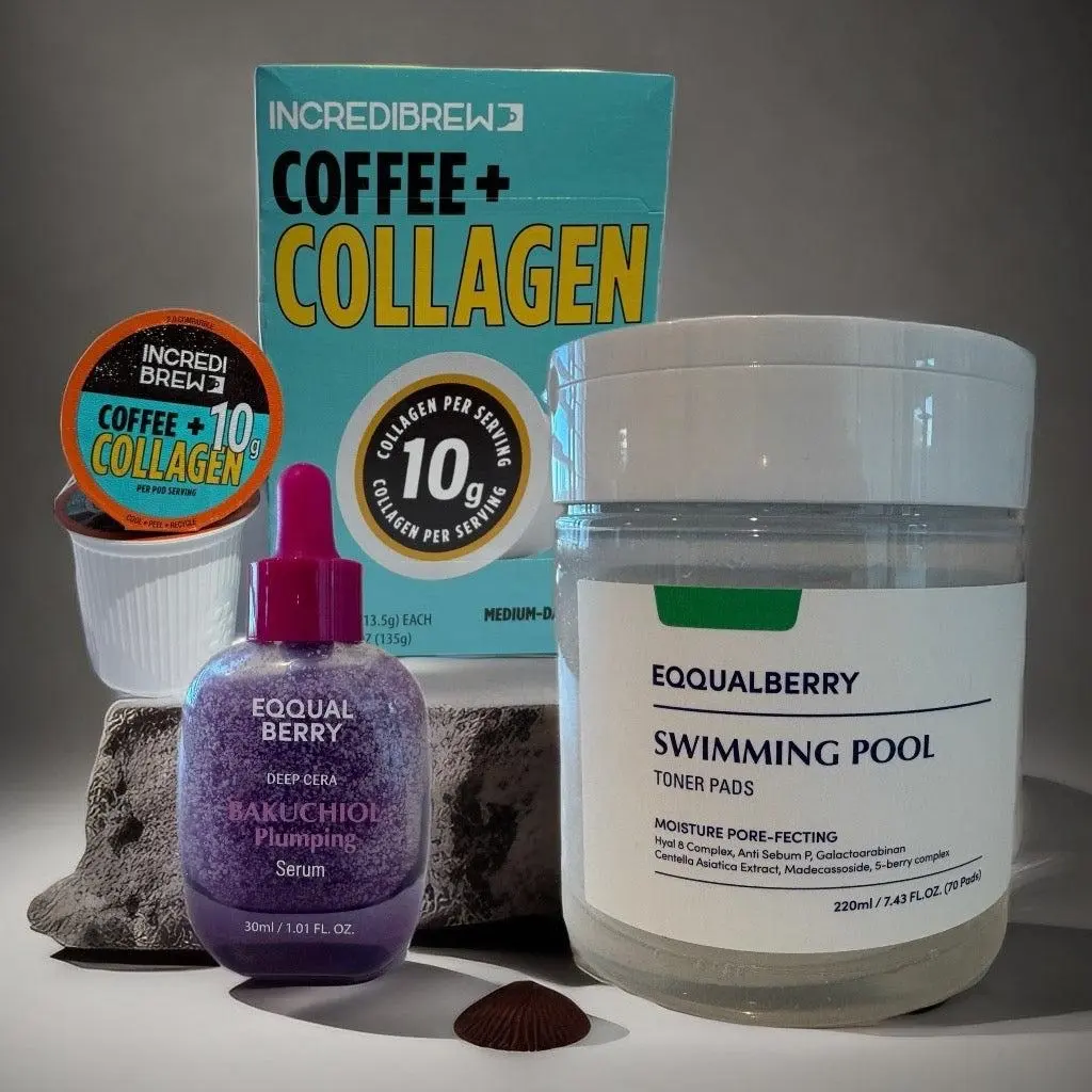 CeeLanes Glow Bundle Eqqualberry Toner Pads Bakuchiol Plumping Serum Incredibrew Coffee Collagen for Comprehensive Skincare Daily Pack