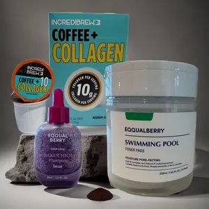 CeeLanes Glow Bundle Eqqualberry Toner Pads Bakuchiol Plumping Serum Incredibrew Coffee Collagen for Comprehensive Skincare Daily Pack
