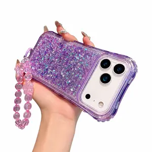 Cute Glitter Beads Phone Strap Case Compatible with iPhone 17 Pro Max, 2-in-1 Four Corner Air Cushion Protection Case For iPhone 16 15 14 13 12 Pro Max, Shockproof Soft Bracelet Cover for Women & Girls