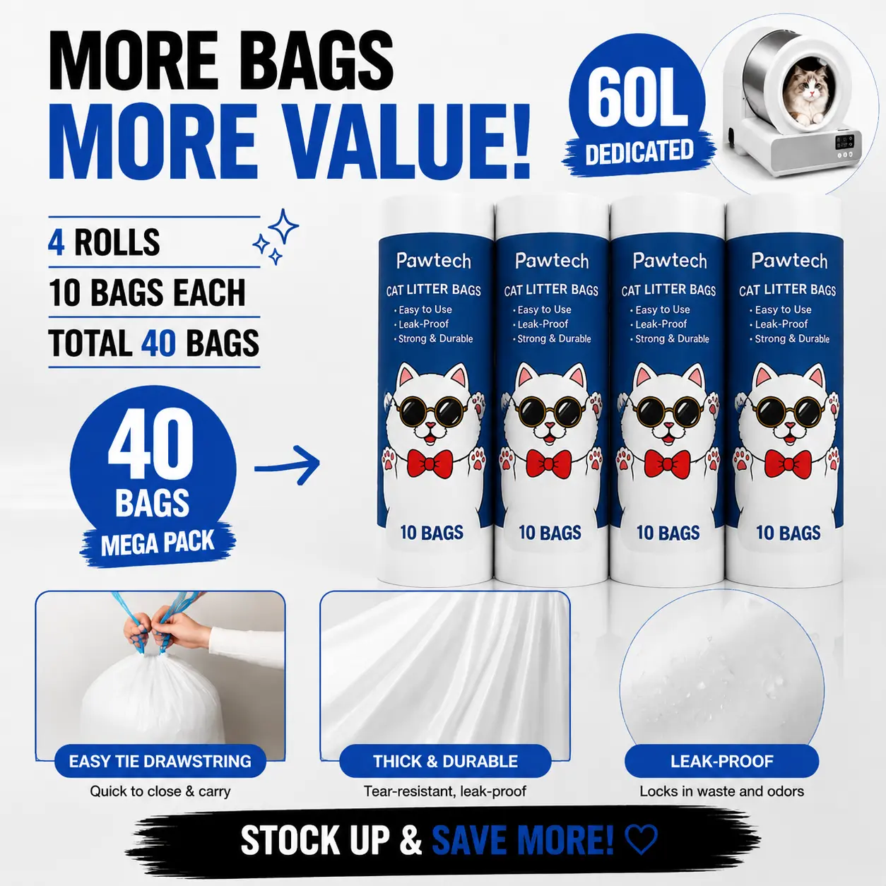 Pawtech Cat Litter Bags 40 Count Mega Pack - Thick Durable Leak Proof with Easy Tie Drawstring for Convenient Use 60L dedicated