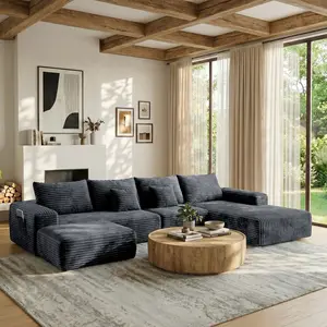 Pride Month U-Shape Sectional Sofa, Modern Luxury Stylish Soft Cozy Corduroy Cloud Couch, Boneless Modular Sofa with Chaise and Moved Ottoman, Perfect for Living Room, Bedroom, Home & Apartment, No Assembly Required, Black,Ships in 2 Packages couches