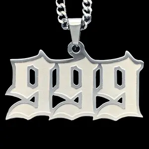 WRLD Royal 999 Etched Necklace - 1.25" Laser Cut Stainless Steel Juice Pendant with Satin Finish & Polished Outline - Mirror Quality Shiny Reflective Surface Choice of Chain Free Gift Included