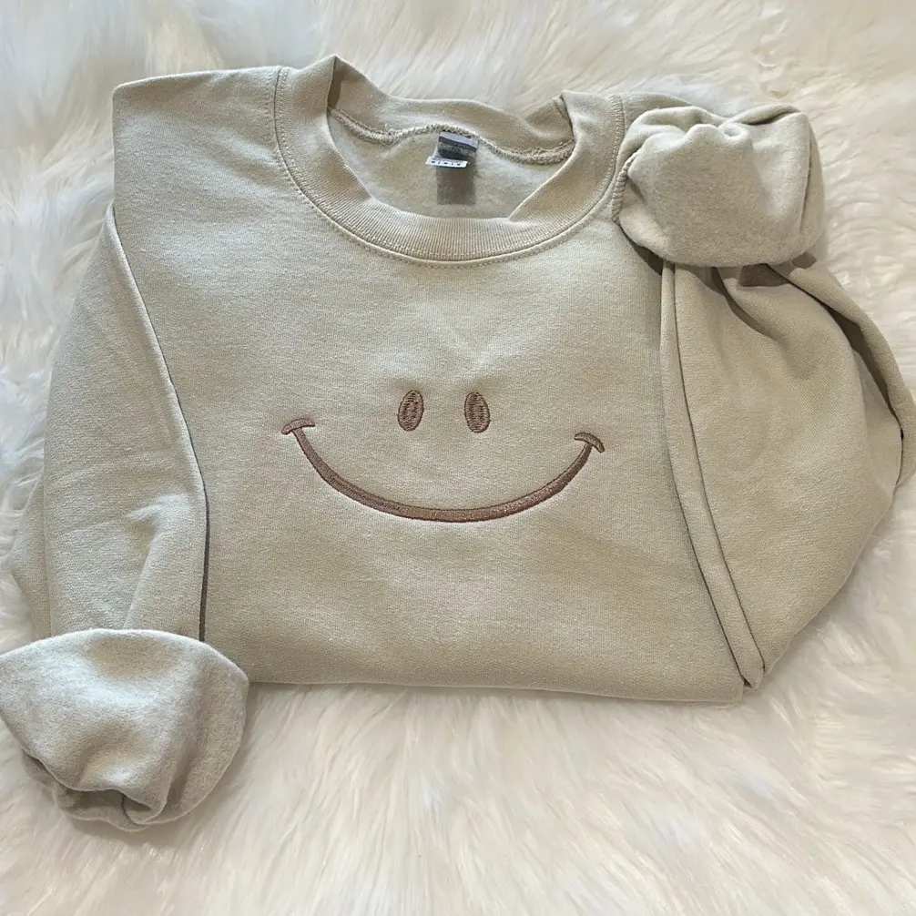 Smiley face embroidered sweatshirt, Happy face sweatshirt, Smiley crewneck, Embroidered sweatshirt