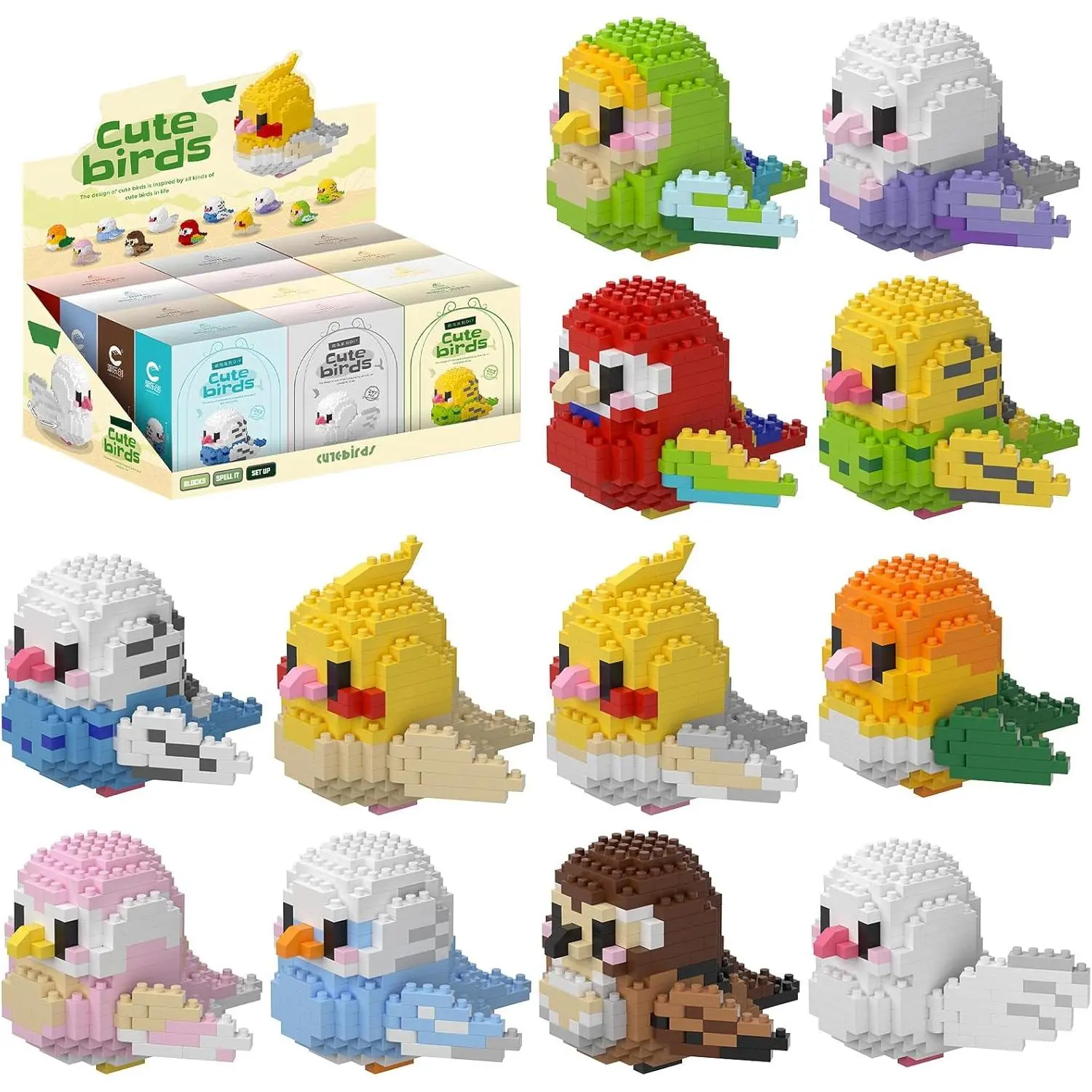 12 Pcs Premium Colored Plastic Micro Particle Building Block Parrot Set, Collectibles Bricks & Parts, Educational Nature Toy for 6-8 Years Kids, Miniature Craft with Exquisite Gift Box Packaging for Development & Recognition