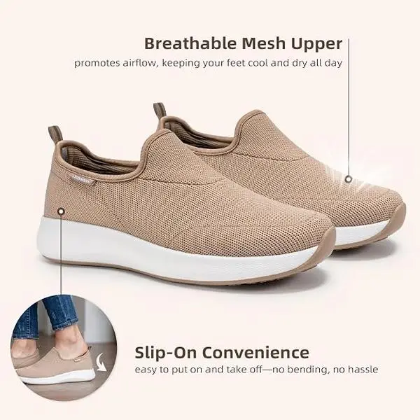 Women's Slip-On Casual Tennis Shoe - Non-Slip, Comfortable Cushioning, Lightweight, Breathable, Arch Support Walking Footwear for Nursing, Travel