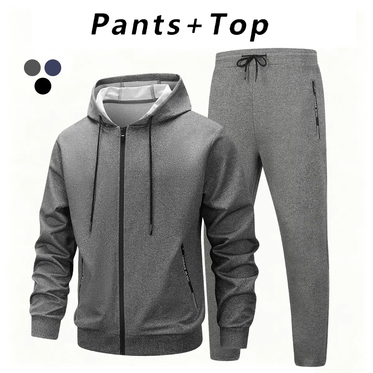 Men’s set: hooded sweatshirt and sweatpants with zipper closure and adjustable drawstring. Casual set for spring and autumn, suitable for everyday wear, outdoor activities, and sports.