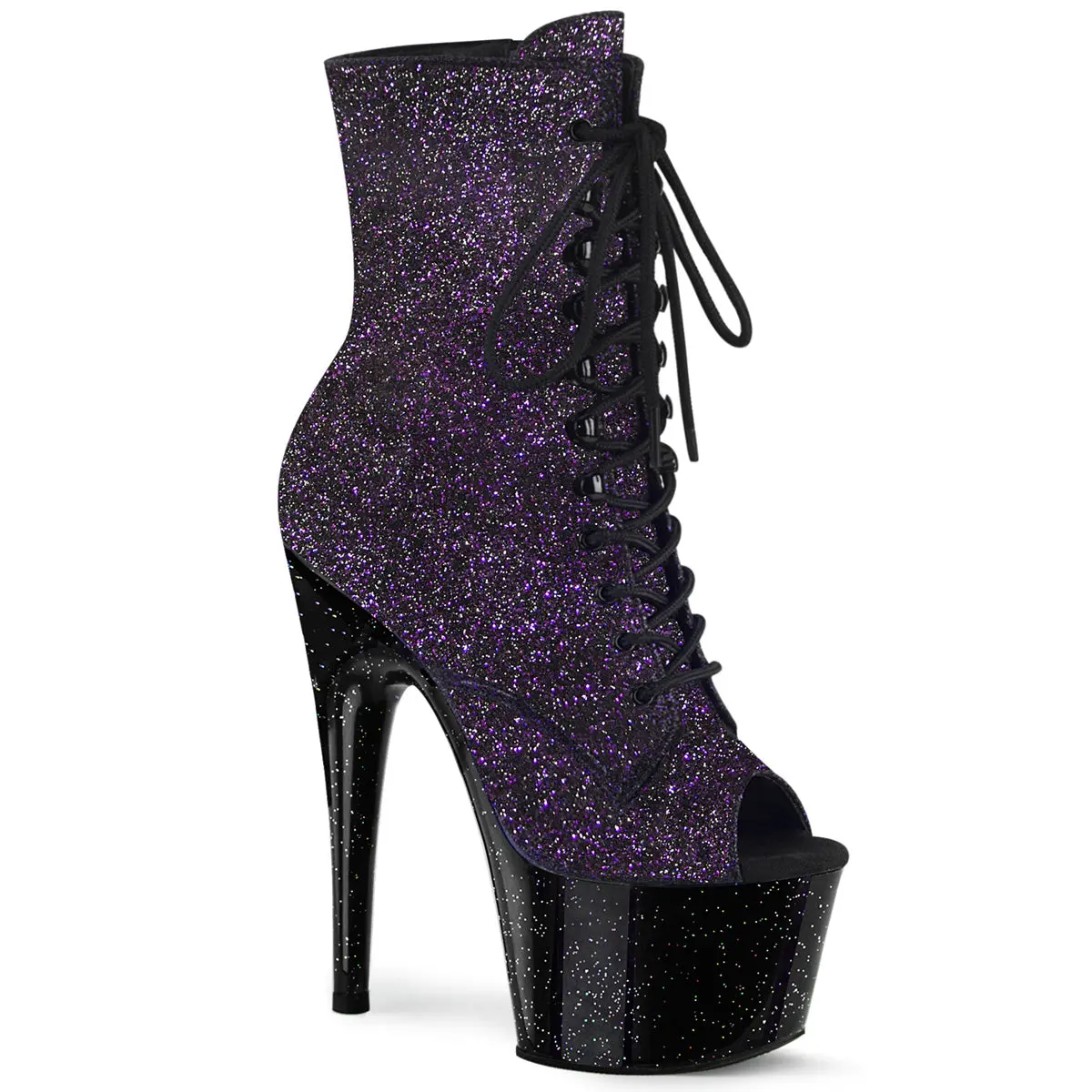 Stiletto Platform High Heels for Women, 7-Inch Purple Glitter Fashion Footwear with Peep Toe, Lace-Up & Side Zip