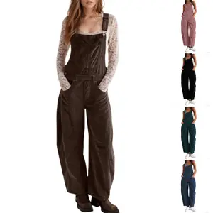 UANEO Corduroy Overalls for Women Barrel Wide Leg Bib Corduroy Pants Women Adjustable Romper Jumpsuit with Pockets