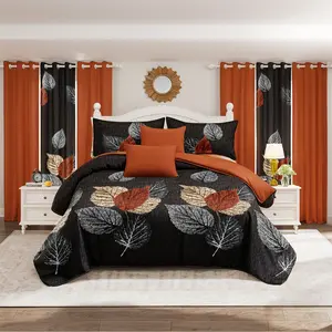 9 Piece Autumn Foliage Bedding & Curtain Set Black Base with Orange Leaves Microfiber Bedspread Pillowcases & Window Panels Machine Washable Easy Care Queen King Cal King Christmas Gift Room Makeover