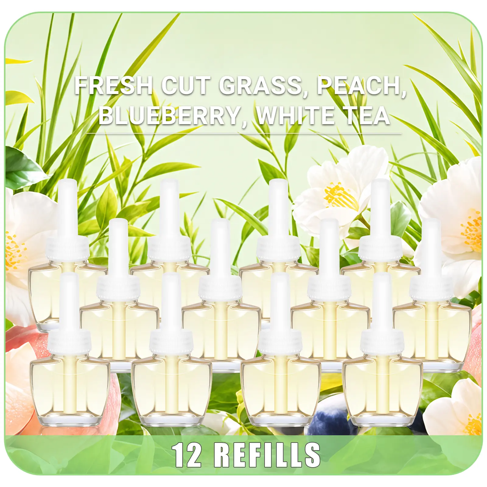 Plug In Air Freshener Refills, 12 Pack 0.66 fl oz Aroma Blend Scented Fruit Blend Fragrances - Fruit & Fresh Cut Grass, Peach, Blueberry, White Tea, Long-Lasting, Compatible with Air Wick & Glade for Home Spaces