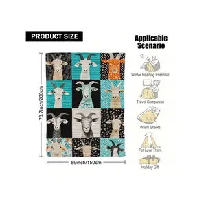 1pc Goat Blanket With Goat Face & Horn Patterns - Soft Flannel-Like Texture All-Season Bedspread RV,, Sofa, Bed, Travel - Turquoise/Black/Beige/Brown Goat Motifs Cozy Throw Goat Lovers