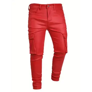 European and American gothic style dark rock motorcycle leather pants men's casual American cargo pants red PU leather straight-leg trousers