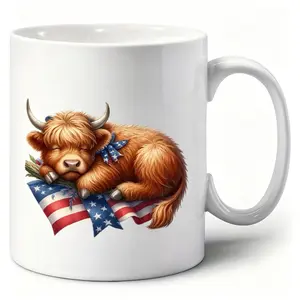 4th of July Cow Ceramic Mug 250th Anniversary American Flag Highland Cow Daisy Floral Patriotic Mug for Daily Use