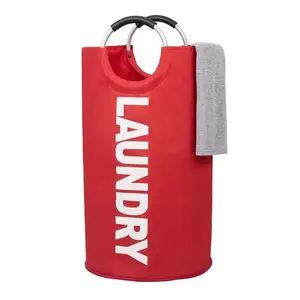 🧺 Red "LAUNDRY" Printed Hamper, Modern Waterproof Washing Basket, Round Storage Organizer for Bathroom, Waterproof Clothes Basket