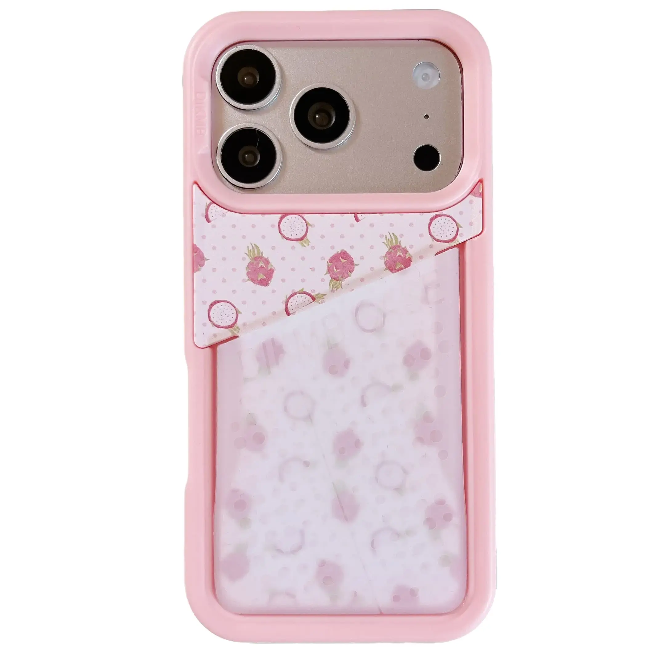 Pitaya Dragon Fruit Print Flip Card Holder Phone Case - Pink Hard Shockproof Protective Cover with Card Slot for iPhone Devices