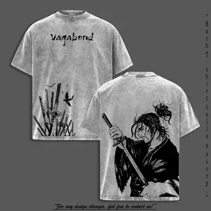 Miyamoto Musashi “Vagabond” Vintage Oversized Washed T-Shirt, Samurai Manga Heavy Cotton Graphic Tee, Retro Anime Streetwear Unisex