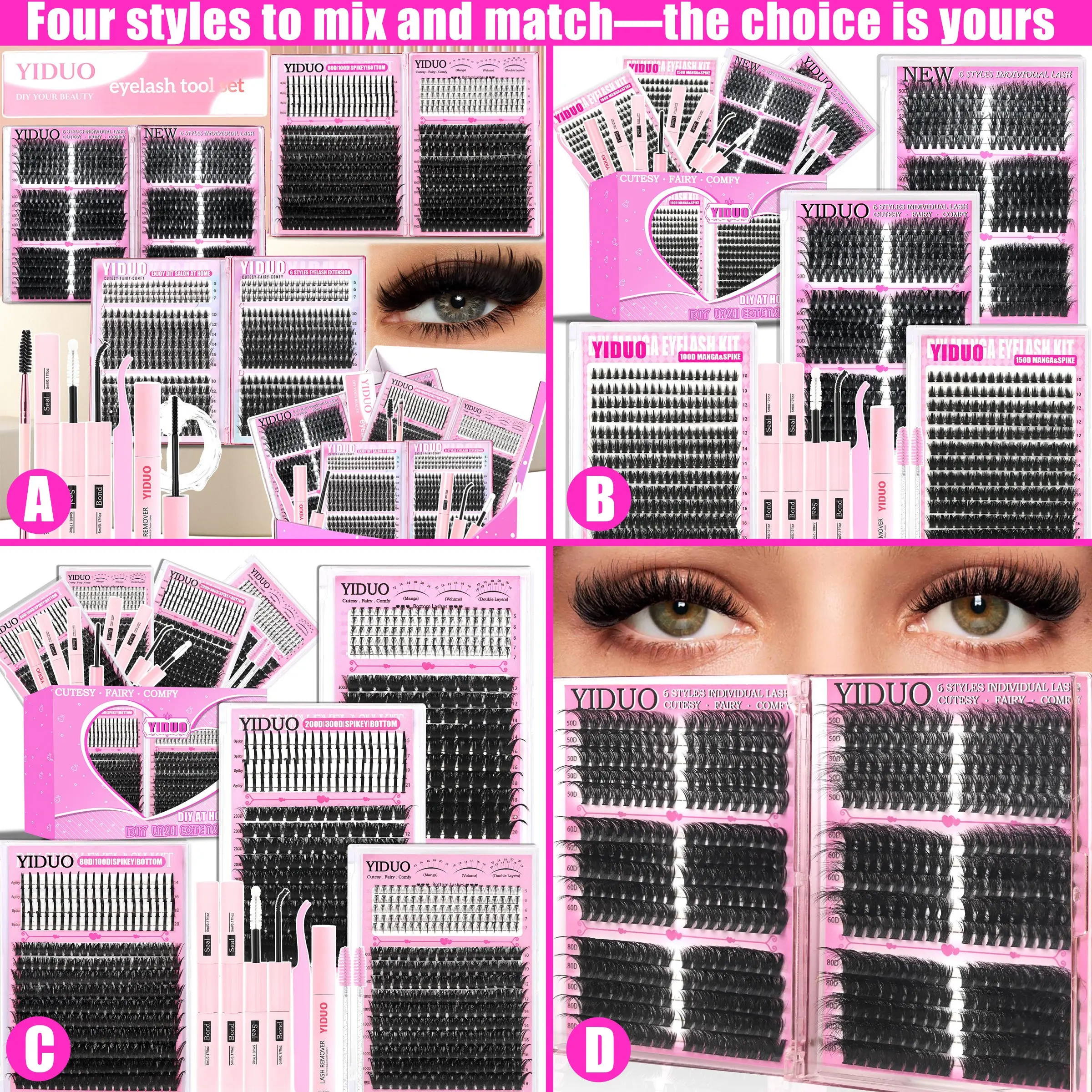 YIDUO 13 Styles Fluffy Eyelash Cluster Set, Bold Separated Lashes, Diy Volume Eyelashes 50D,60D,80D,100D 5-20mm Cluster Eyelash Extension Kit 1614 Pcs D-Curl With Lash Bond and Seal, Lash Remover, Lash Tweezers