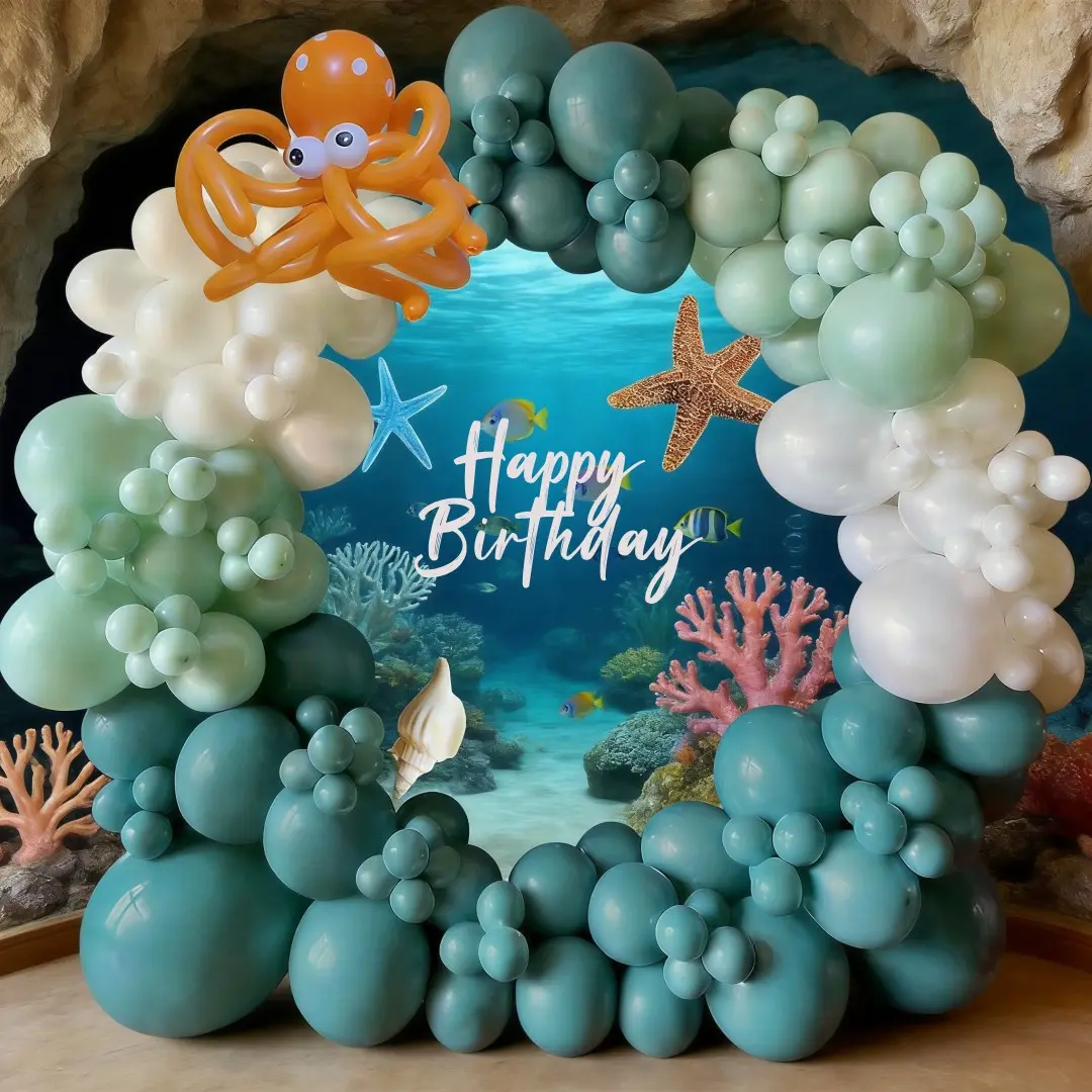 163pcs Vintage Ocean Theme Balloon Arch Set, Balloon Arch Kit, Blue Balloons, Perfect for Kids Birthday Party, Summer Beach Party, Pool Party Decor