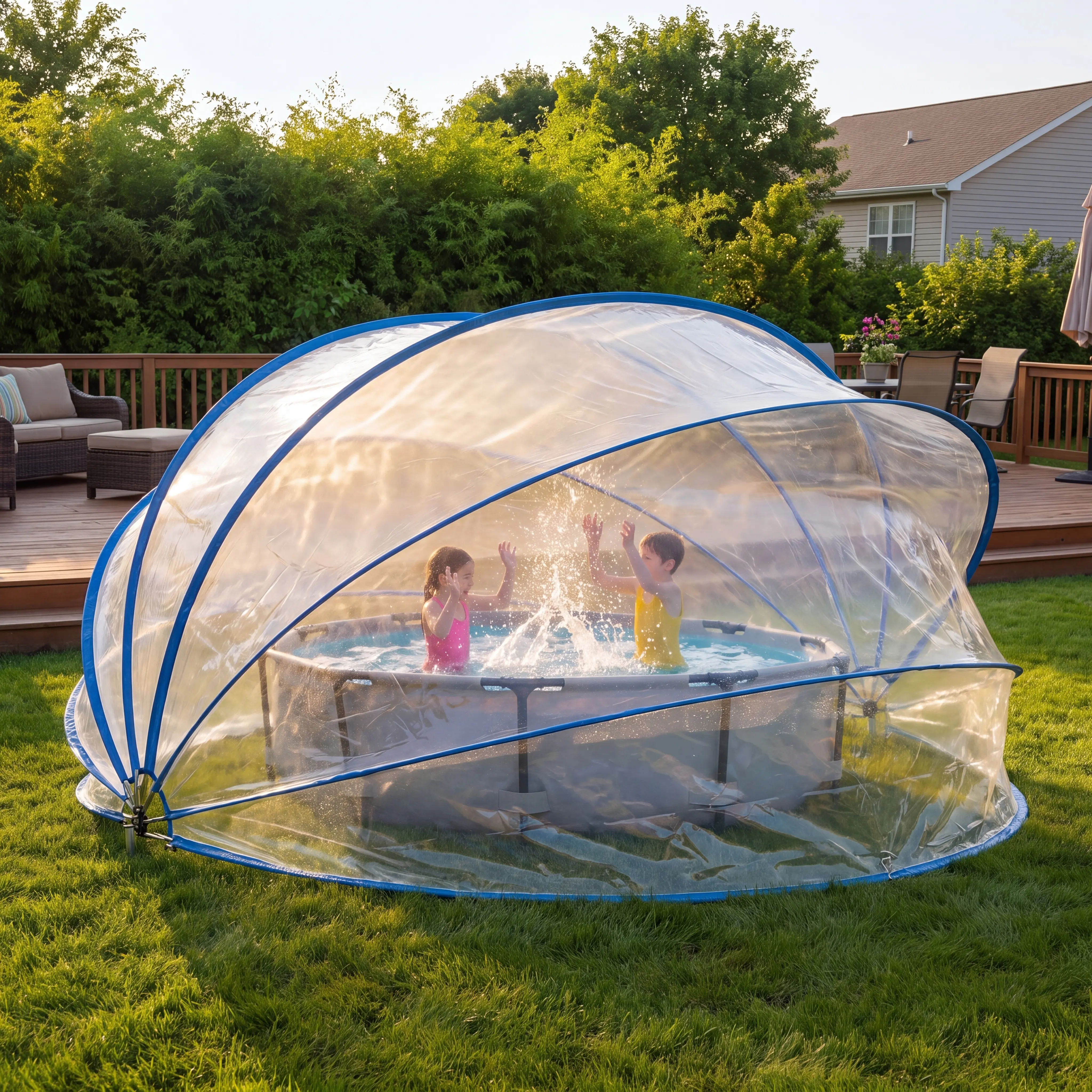 18ft Retractable Pool Dome Cover, All Weather Swimming Pool Enclosure with PVC Transparent Cover & Fiberglass Rod Frame, Outdoor Pool Protector for Above Ground Round Pools