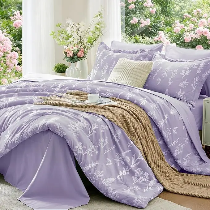 MUXHOMO 7-Piece Queen Comforter Set, Sage Green Bed-in-a-Bag with Reversible Botanical Flowers Design, Breathable Soft Bedding Including Comforter, Sheets, Pillowcases & Shams, Bed Set, Seven Pieces
