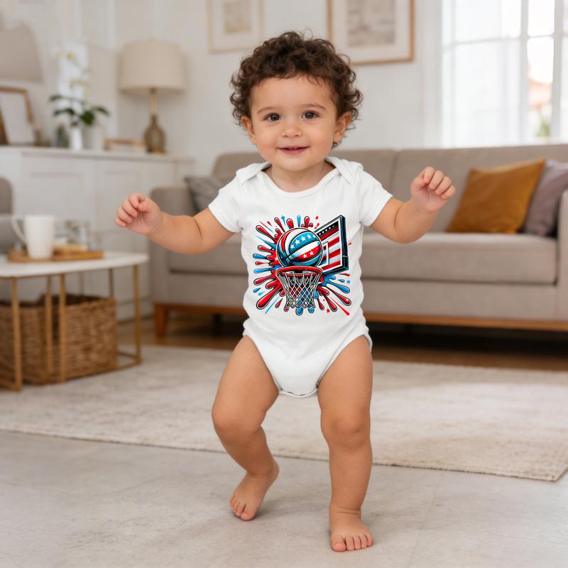 Soft Baby Bodysuit American Flag Basketball Graphic 100% Pure Cotton Non-Irritating Snap Closure Breathable Stretchy Great For Sleep & Play