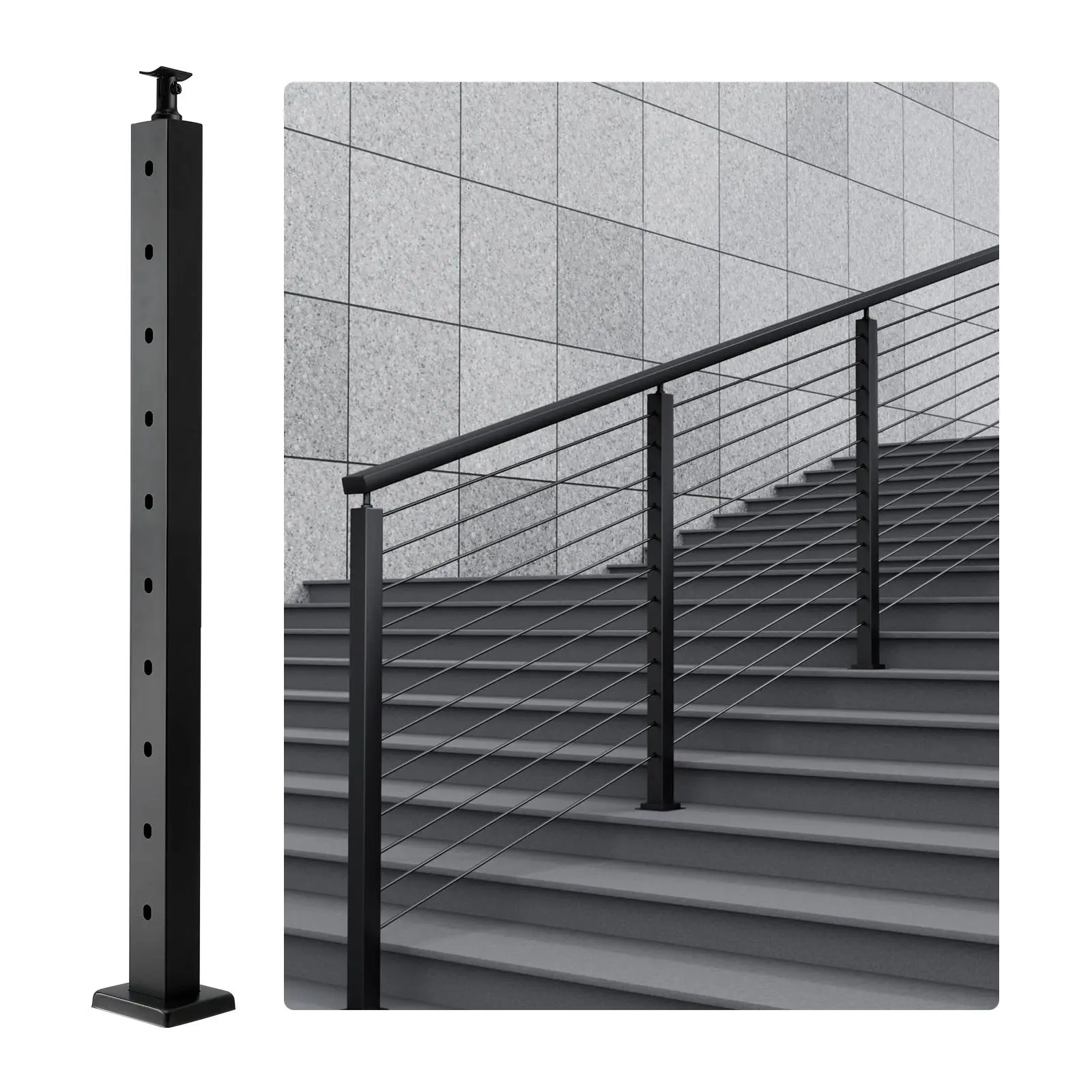 【SummerFinds】VEVOR Cable Railing Post, 36" x 2" x 2" Steel 30° Angled Hole Stair Railing Post, 10 Pre-Drilled Holes, SUS304 Stainless Steel Cable Rail Post with Horizontal and Curved Bracket, 1-Pack, Black