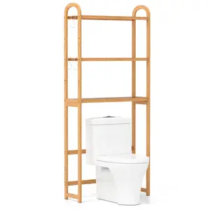 COSTWAY - 3-Tier Bamboo Bathroom Floor Organizer with 5-Position Shelves and 3 Hooks-Natural