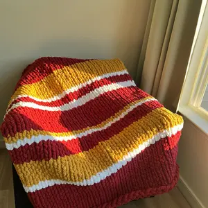 Handmade Multi Color Chunky Knit Blanket 40"x60" - Cranberry, Mustard, White