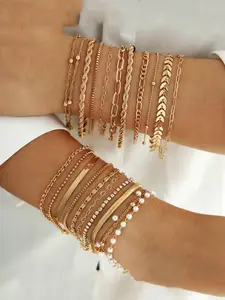 New 22-Piece Fashion Simple Women's Bracelet Set, Geometric Fishbone Faux Pearl Multi-Layer Stackable Bracelets, Elegant Casual Jewelry, Trendy Stack Bangle
