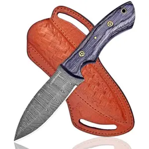 Fixed Blade Damascus Steel Hunting Knife with Leather Sheath 9'' Full Tang Hunting Skinning Knife Non-Slip Wooden Handle Camping Blade (Black)