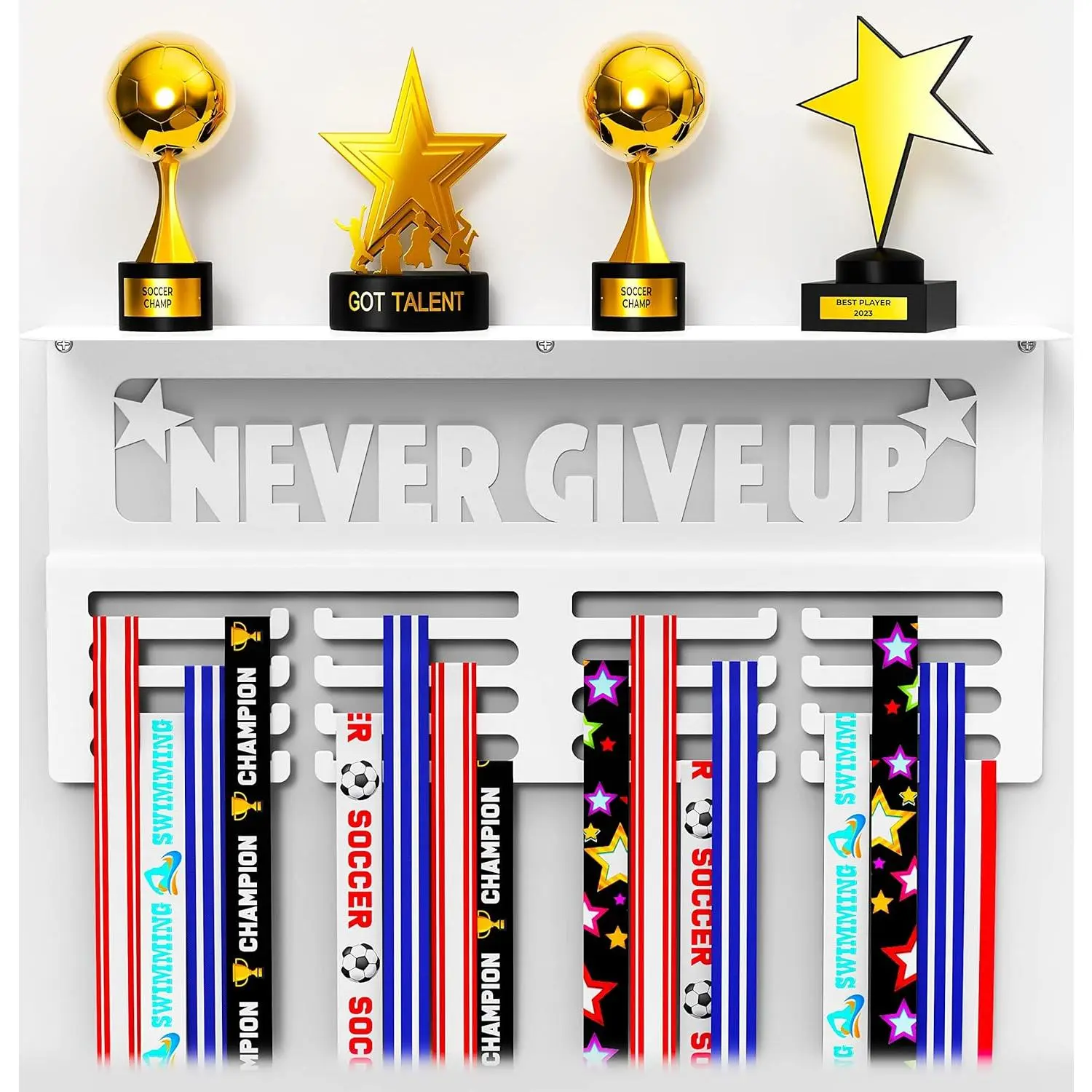 Medal Hanger Display with Trophy Shelf - Metal Awards Rack for Walls Holds 64+  Medals- Our Never Give Up 16" Medal Holder Awards Trophy Display
