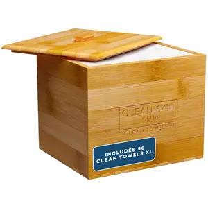 Clean Skin Club Luxe Bamboo container with Cover, includes 50 Clean Towels® XL Original disposable face towels