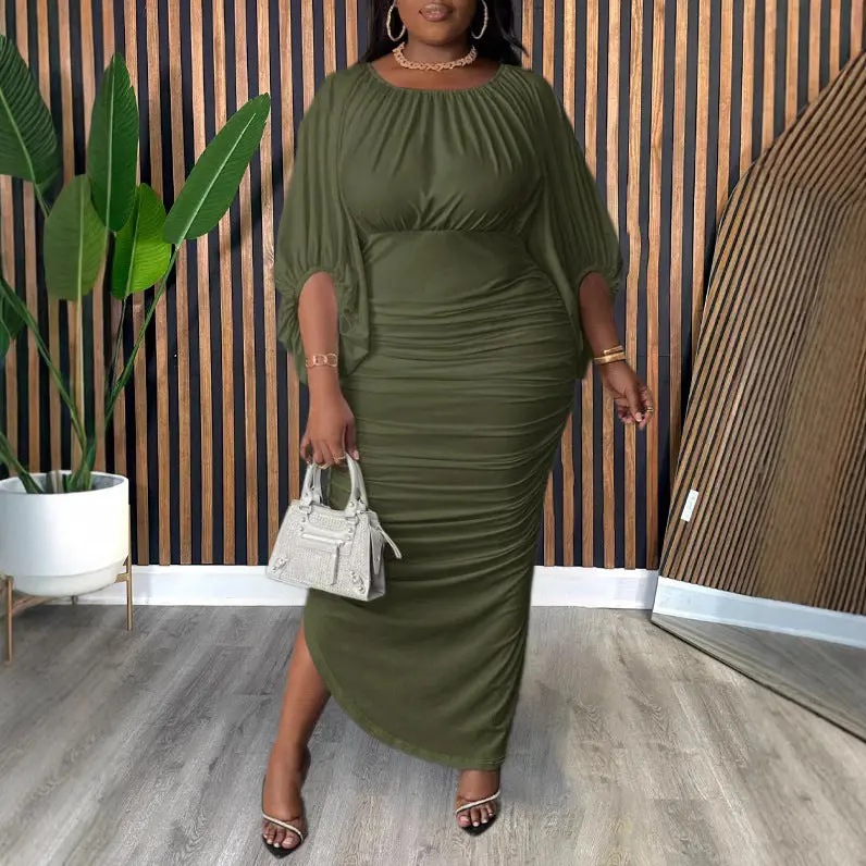 Plus Size Women Clothing Fashionable Elegant Solid Color round Neck Raglan Sleeves Fashionable Pleated Dress