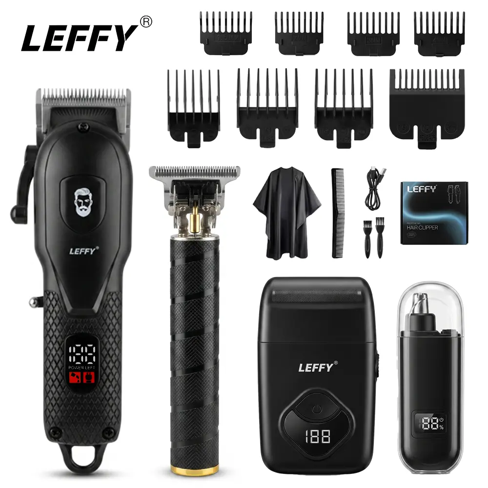 LEFFY 4-Piece Cordless Rechargeable Hair Clipper Gift Box Set for Men & Adults, Professional Barber Clippers with Self-Sharpening Blades, 5 Attachments, 5000-7500 rpm, 2-3 Hrs Charge for 80±180 Mins Use, USB Charging, Barber-Level Results for Home Use