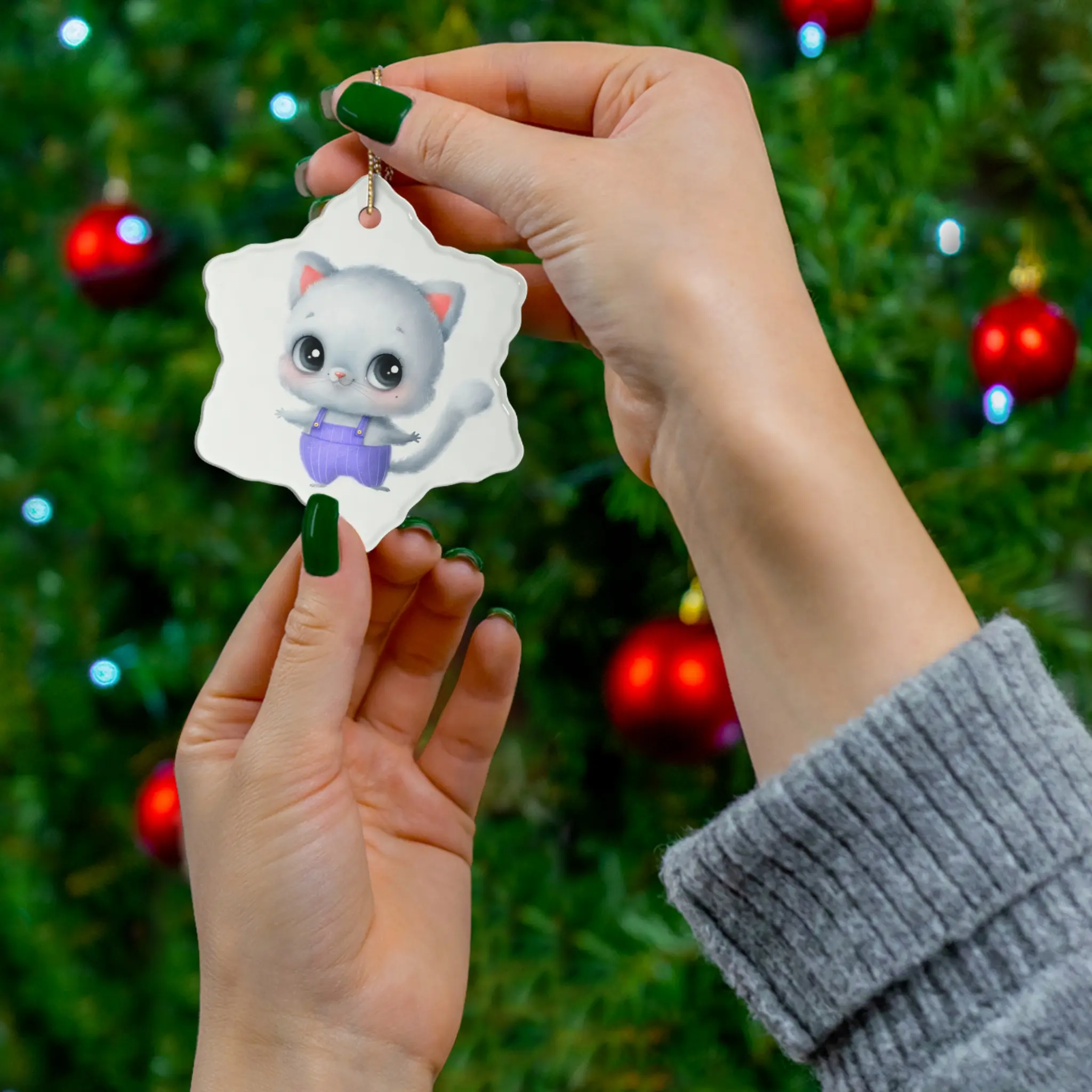 Adorable Cat Ceramic Ornament, Cute Holiday Decor, Personalized Gift, Pet Lover's Ornament, Kids Room Decoration