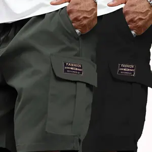 2-piece set of men's shorts, workwear shorts, casual shorts, drawstring, summer pants, casual outings, solid color, black, khaki, gray, multi pocket, 100% polyester, men's gift