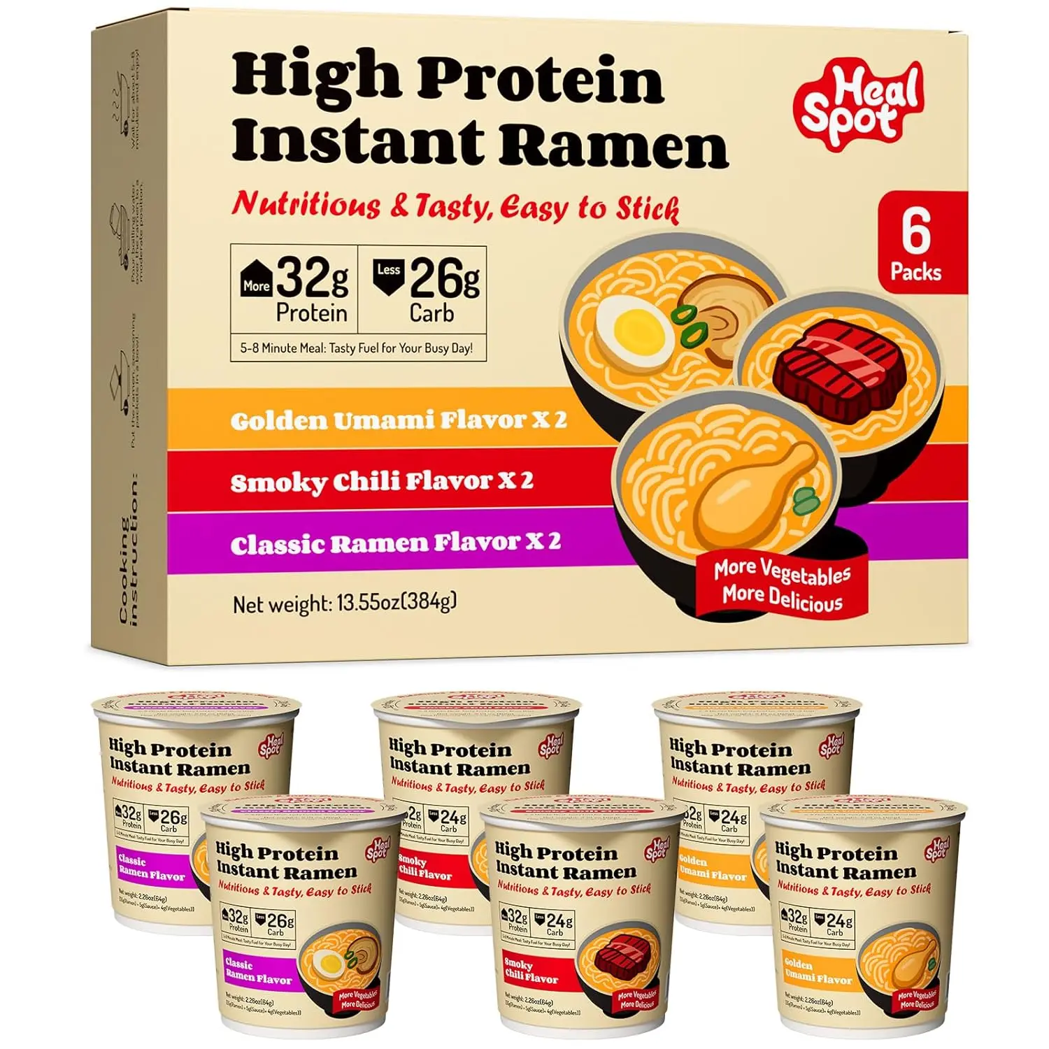 HealSpot High Protein Instant Ramen Variety Pack (6 Cups)  32g Plant-Based Protein, Non-Fried, Low Carb, Low Fat, Non-GMO, Keto & Vegan