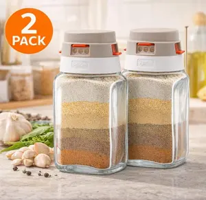 2-Pack Glass Salt and Pepper Shakers with Multi-Spout Measuring Lid, Adjustable Spice Container Jar for Kitchen Seasonings