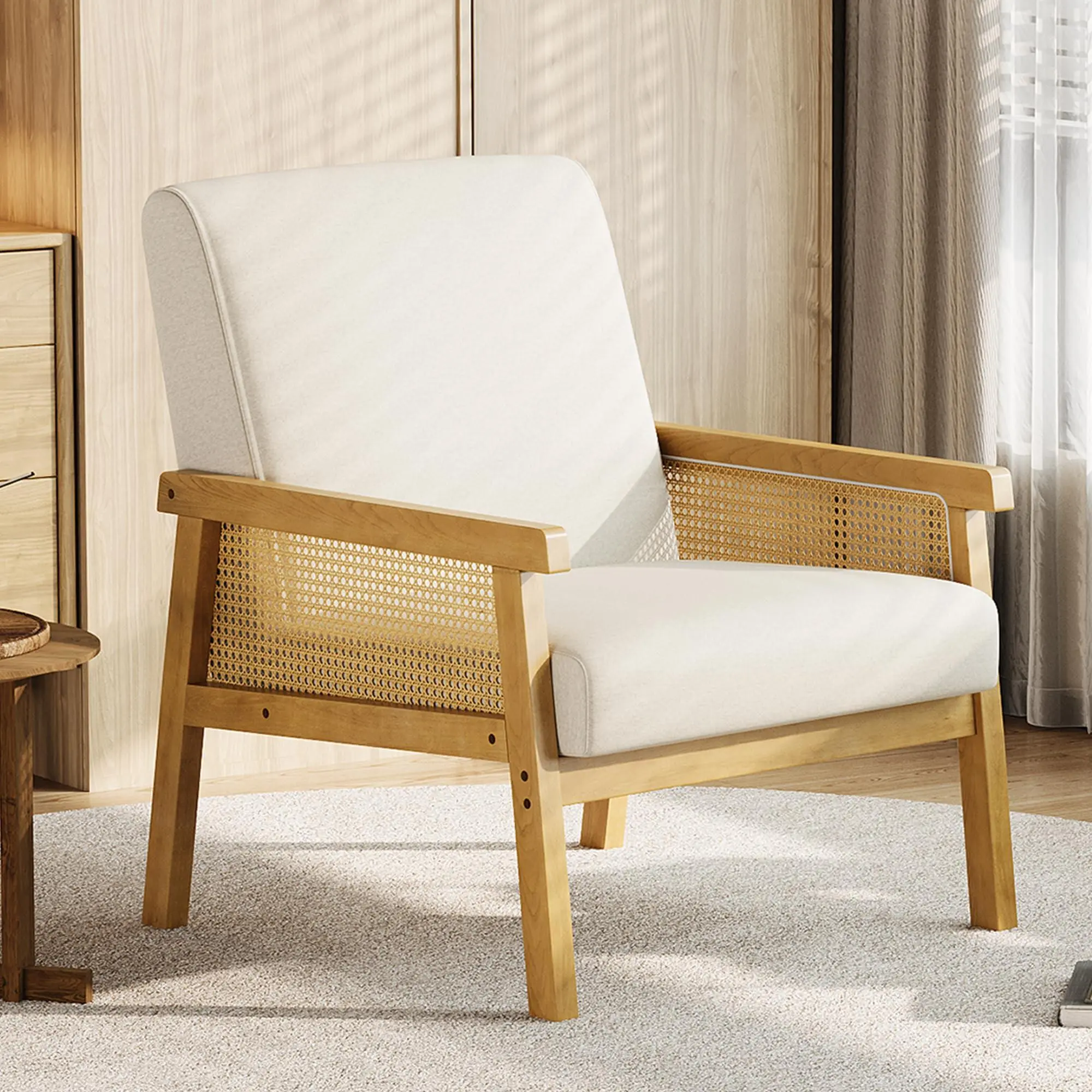 Gaomon Single-Seat High Back Reading Chair - Contemporary Beige Boho Charm, Sturdy Linen Upholstery, Reinforced Wood Frame, Woven Arms Rattan Weave, Foam Cushioning, Quick Setup for Outdoor Patio Decor