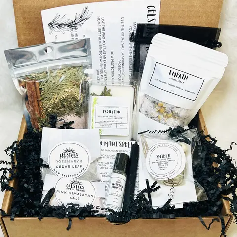 Celstars Handmade Witchy Protection Spell Box - Home Decor Gift Baskets with Leaf Aroma Incense, Wax Melts, Car Diffuser Oil, Simmer Pot, Sacred Salt, Candle | Quirky Relaxing Gift Box